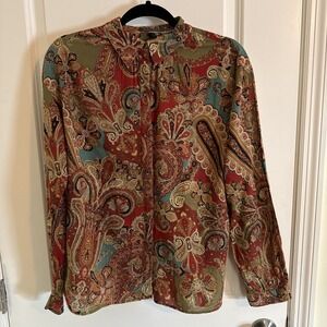 Lauren Ralph Lauren Long Sleeve Paisley Print Cotton Top Sz Large Button Down